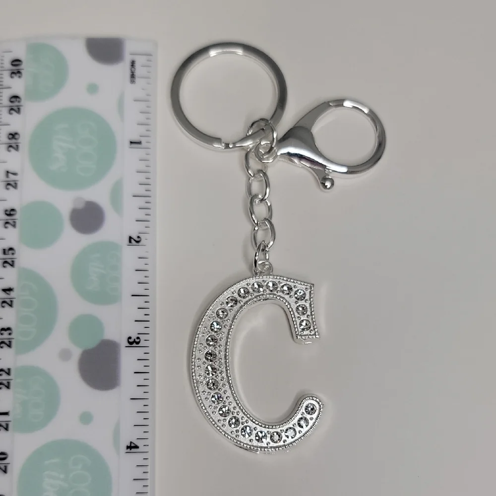 Letter C Initial C Alphabet C Rhinestone Silver Key Chain Bag Charm - Picture 6 of 8